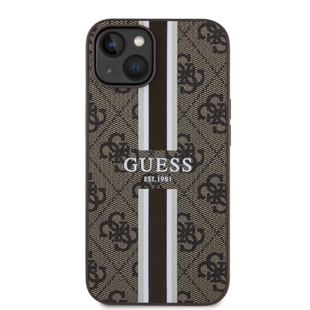 Puzdro MagSafe pre Apple iPhone 15, Guess, 4G Printed Stripes, Hnedá