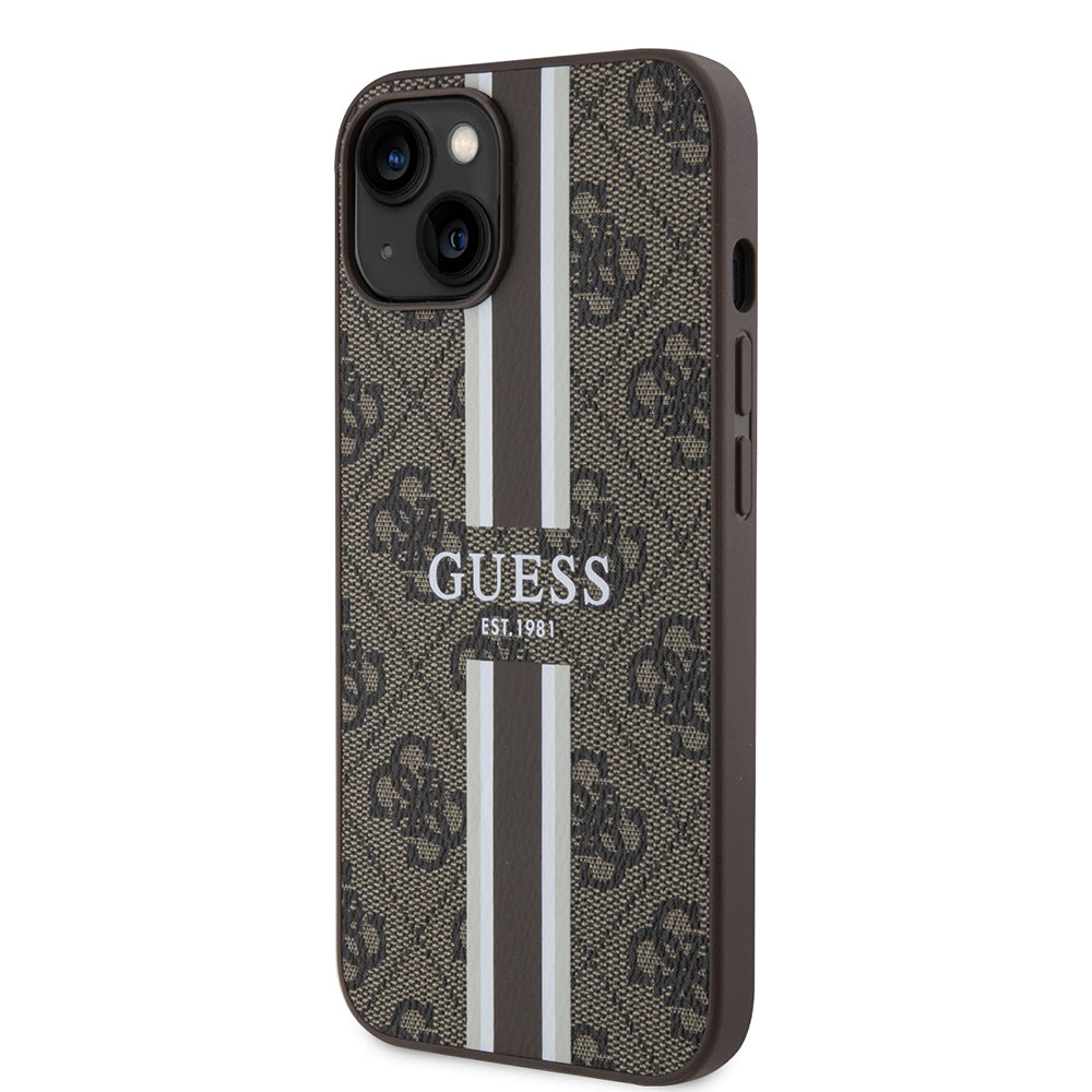 Puzdro MagSafe pre Apple iPhone 15, Guess, 4G Printed Stripes, Hnedá