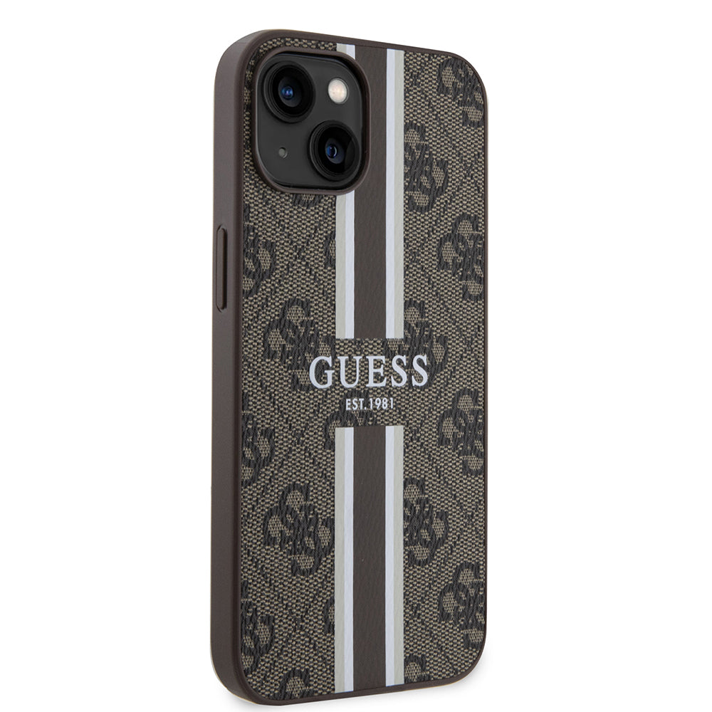 Puzdro MagSafe pre Apple iPhone 15, Guess, 4G Printed Stripes, Hnedá