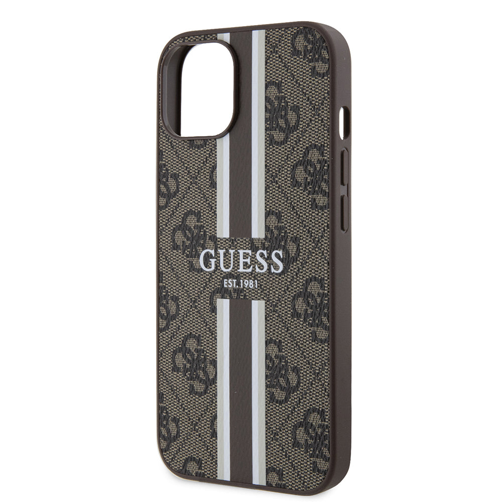 Puzdro MagSafe pre Apple iPhone 15, Guess, 4G Printed Stripes, Hnedá