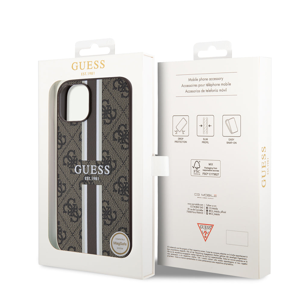 Puzdro MagSafe pre Apple iPhone 15, Guess, 4G Printed Stripes, Hnedá