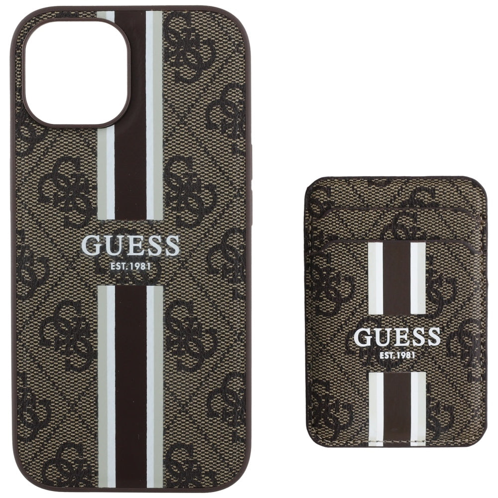 MagSafe Case for Apple iPhone 15, Guess, Cardslot 4G Stripes, Brown