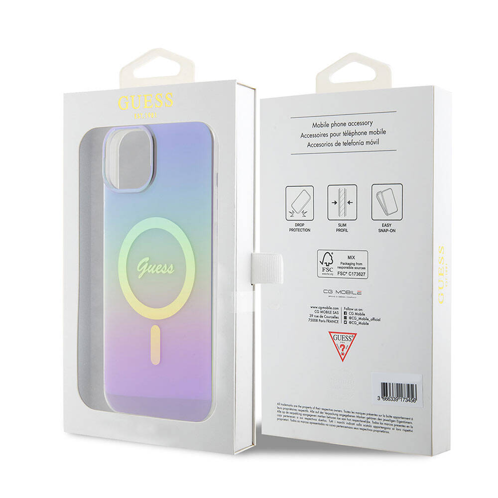 Puzdro MagSafe pre Apple iPhone 15, Guess, IML Iridescent, Fialová