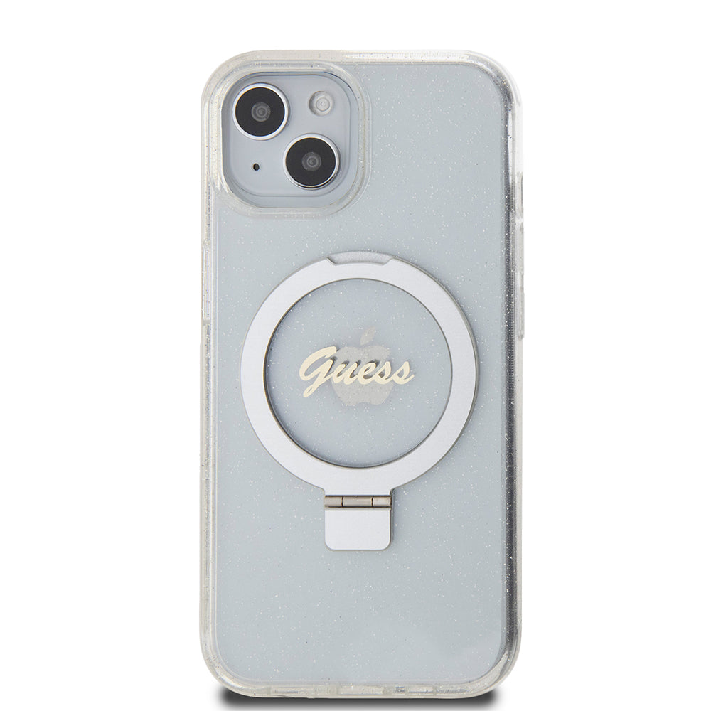 MagSafe Case for Apple iPhone 15, Guess, Ring Stand Script Glitter, Transparent