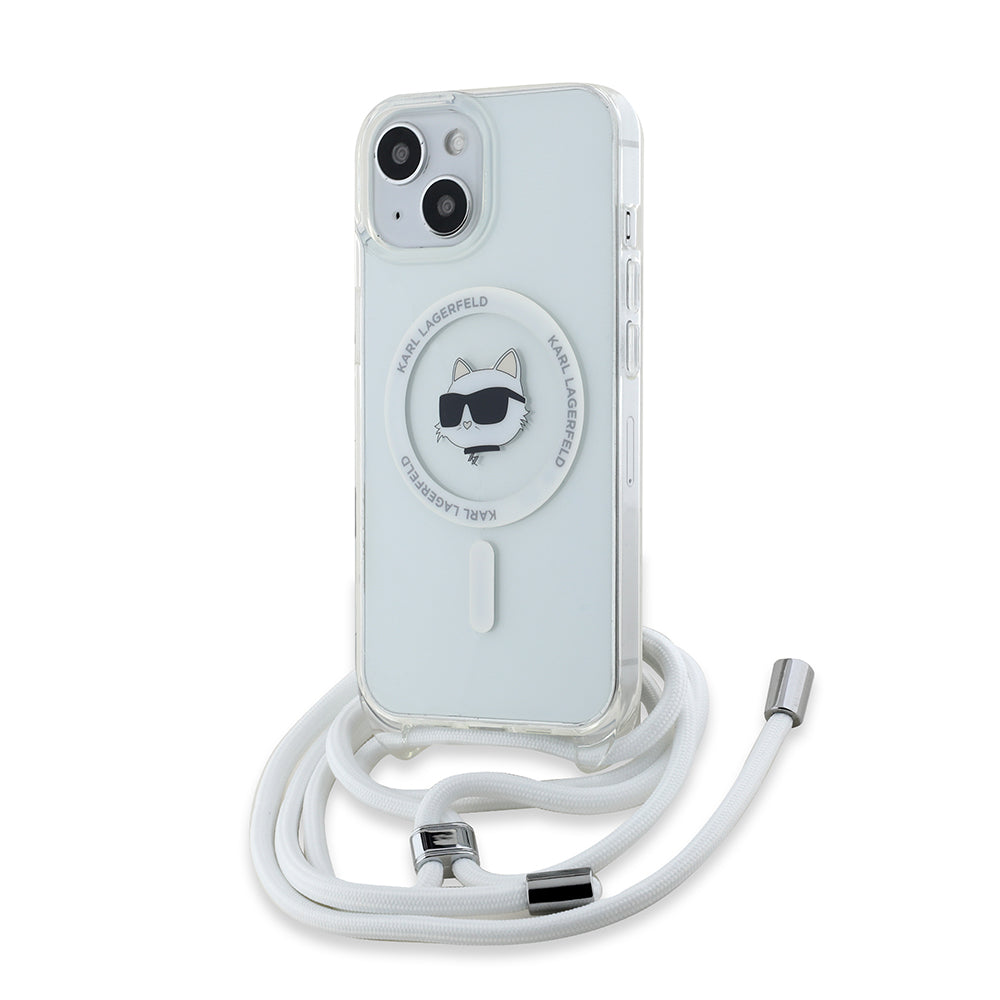 Puzdro MagSafe pre Apple iPhone 15, Karl Lagerfeld, IML Crossbody Choupette's Head with Strap, Transparentné