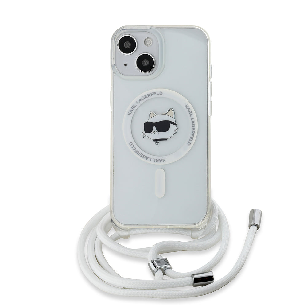 Puzdro MagSafe pre Apple iPhone 15, Karl Lagerfeld, IML Crossbody Choupette's Head with Strap, Transparentné