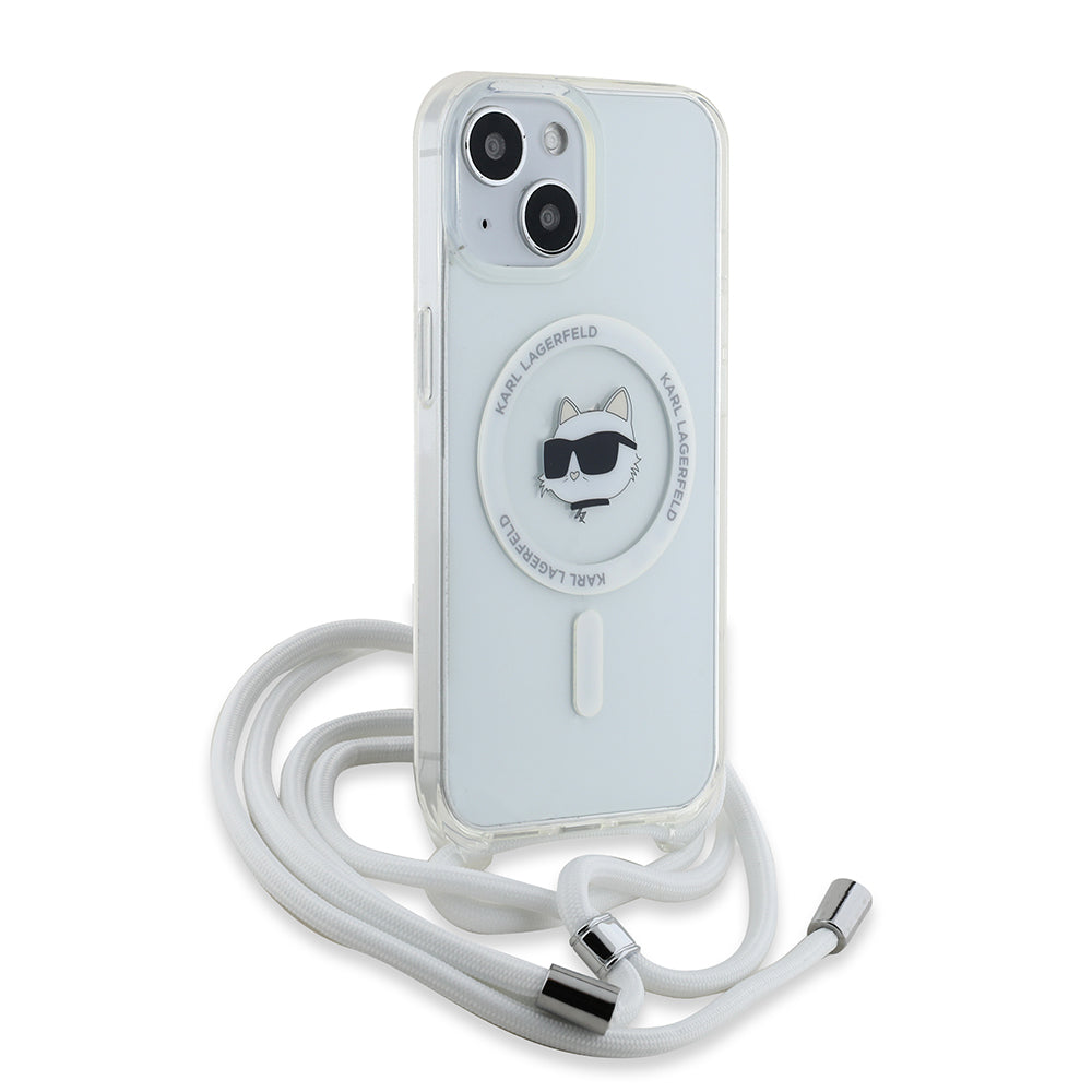 Puzdro MagSafe pre Apple iPhone 15, Karl Lagerfeld, IML Crossbody Choupette's Head with Strap, Transparentné