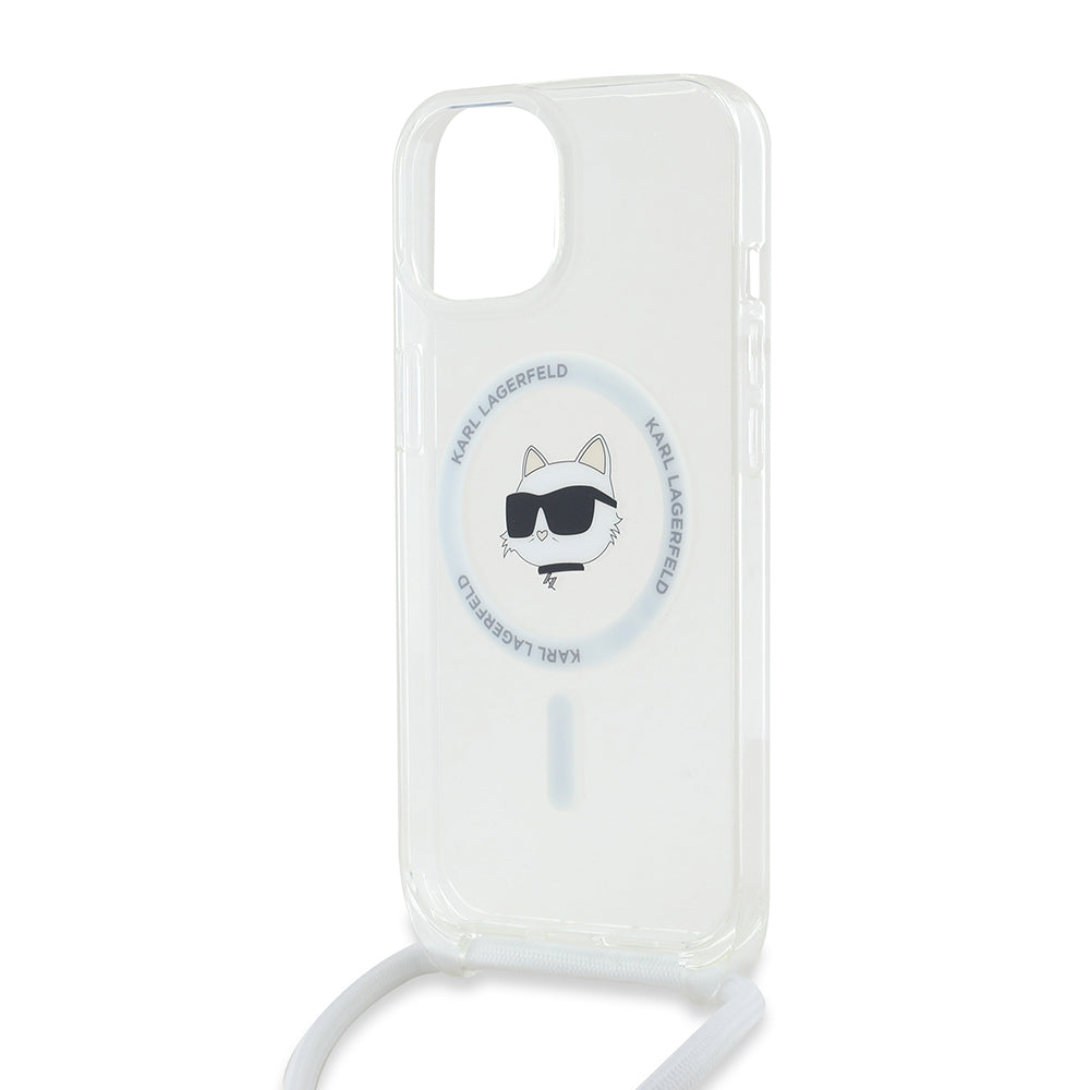 Puzdro MagSafe pre Apple iPhone 15, Karl Lagerfeld, IML Crossbody Choupette's Head with Strap, Transparentné