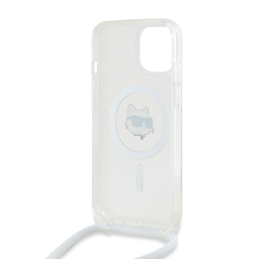 Puzdro MagSafe pre Apple iPhone 15, Karl Lagerfeld, IML Crossbody Choupette's Head with Strap, Transparentné
