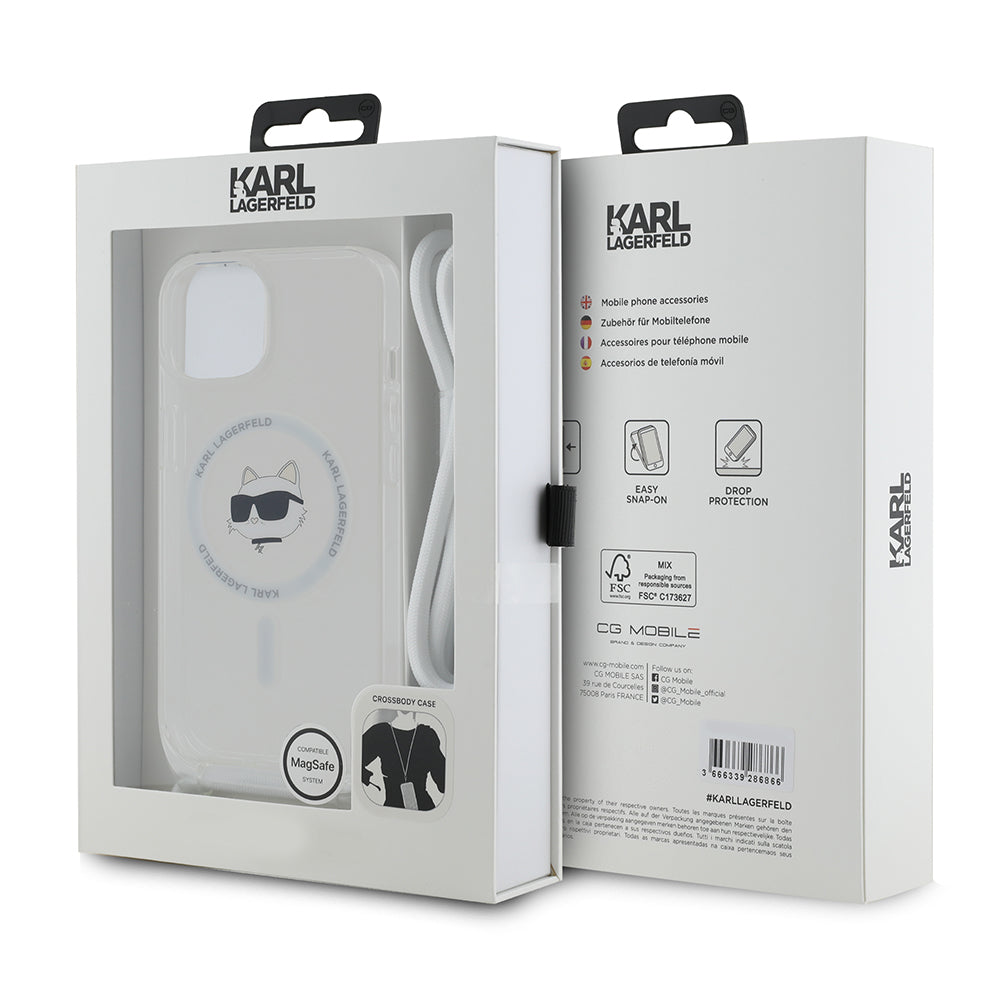Puzdro MagSafe pre Apple iPhone 15, Karl Lagerfeld, IML Crossbody Choupette's Head with Strap, Transparentné
