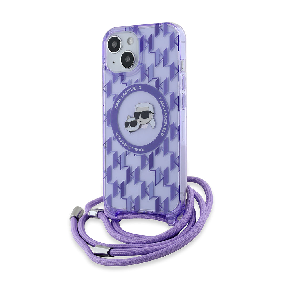 Puzdro MagSafe pre Apple iPhone 15, Karl Lagerfeld, IML Crossbody Monogram Karl & Choupette's Heads, Fialová