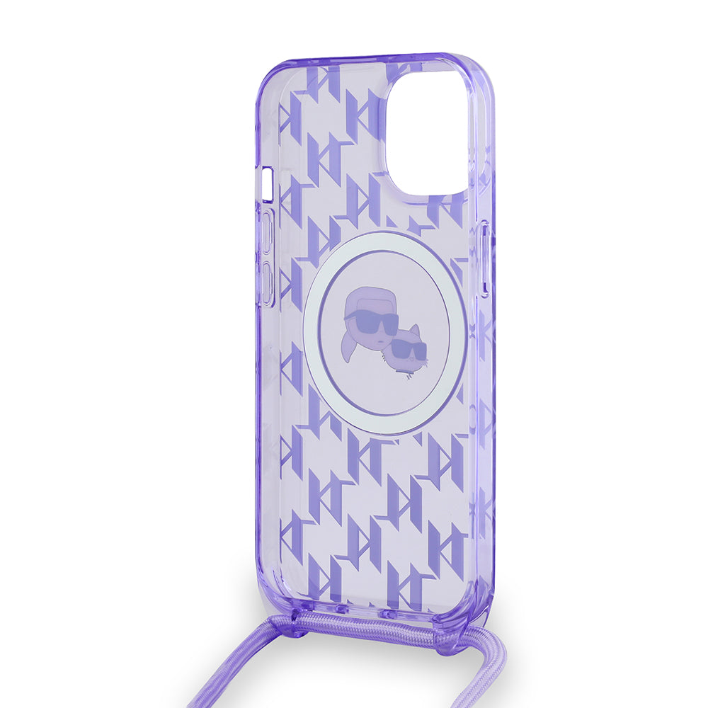Puzdro MagSafe pre Apple iPhone 15, Karl Lagerfeld, IML Crossbody Monogram Karl & Choupette's Heads, Fialová