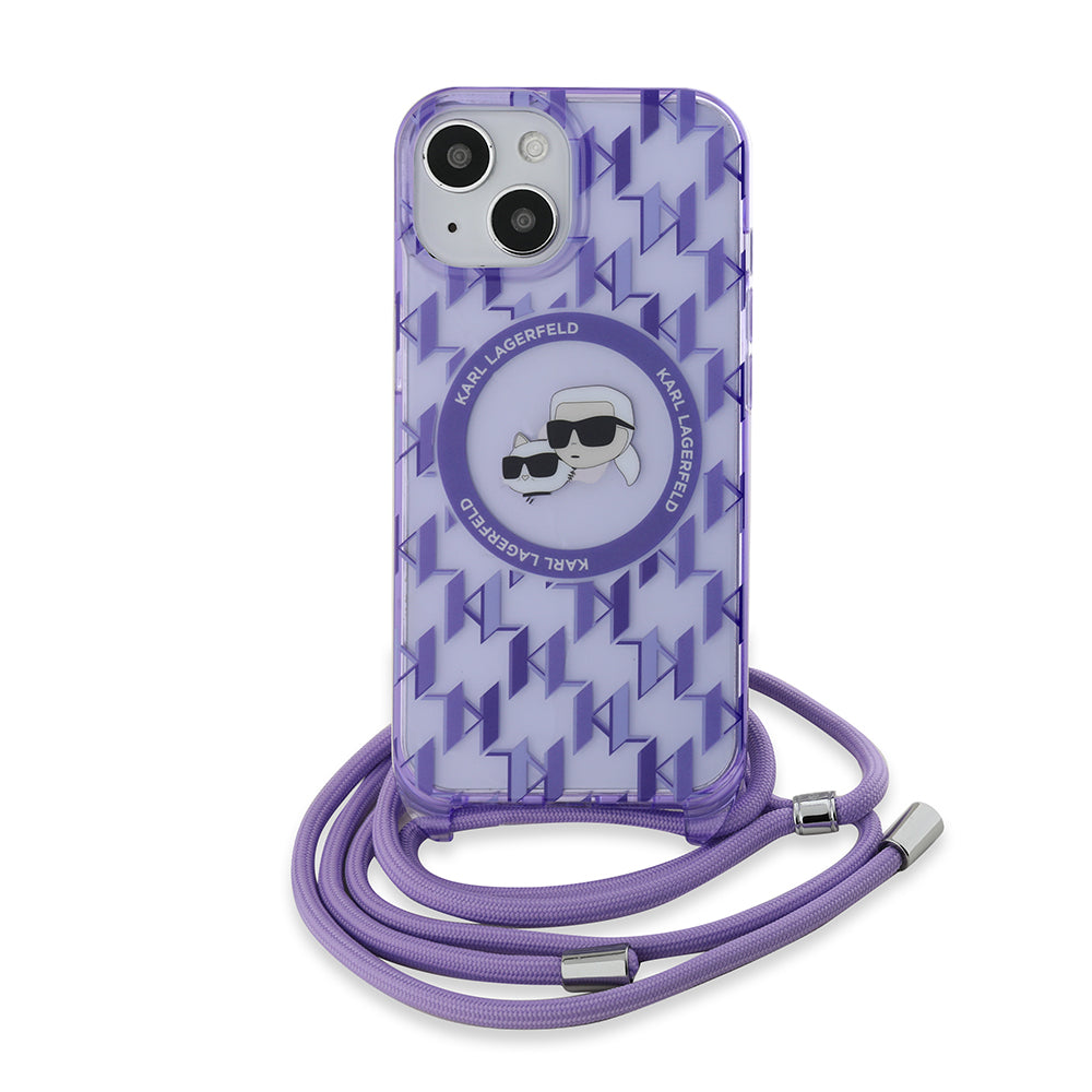 Puzdro MagSafe pre Apple iPhone 15, Karl Lagerfeld, IML Crossbody Monogram Karl & Choupette's Heads, Fialová