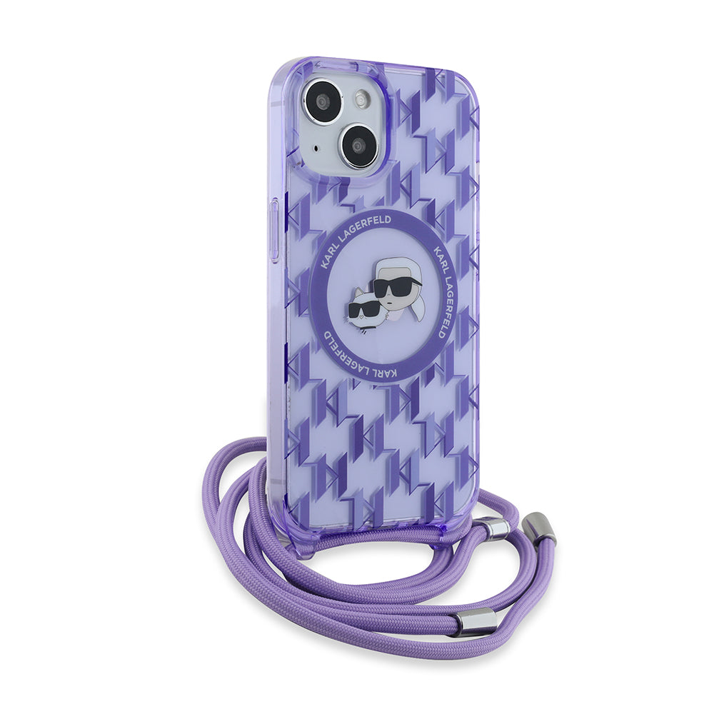 Puzdro MagSafe pre Apple iPhone 15, Karl Lagerfeld, IML Crossbody Monogram Karl & Choupette's Heads, Fialová