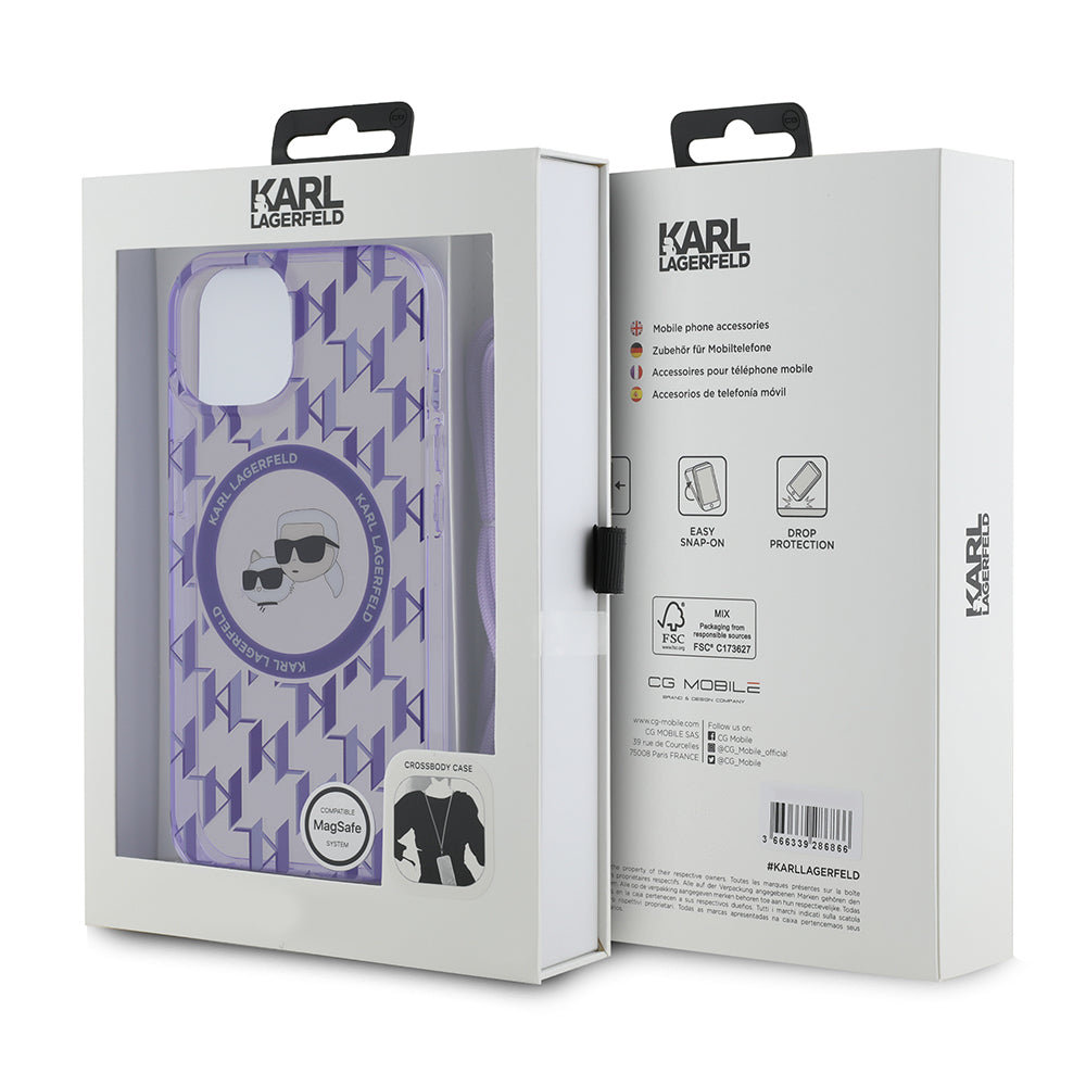Puzdro MagSafe pre Apple iPhone 15, Karl Lagerfeld, IML Crossbody Monogram Karl & Choupette's Heads, Fialová