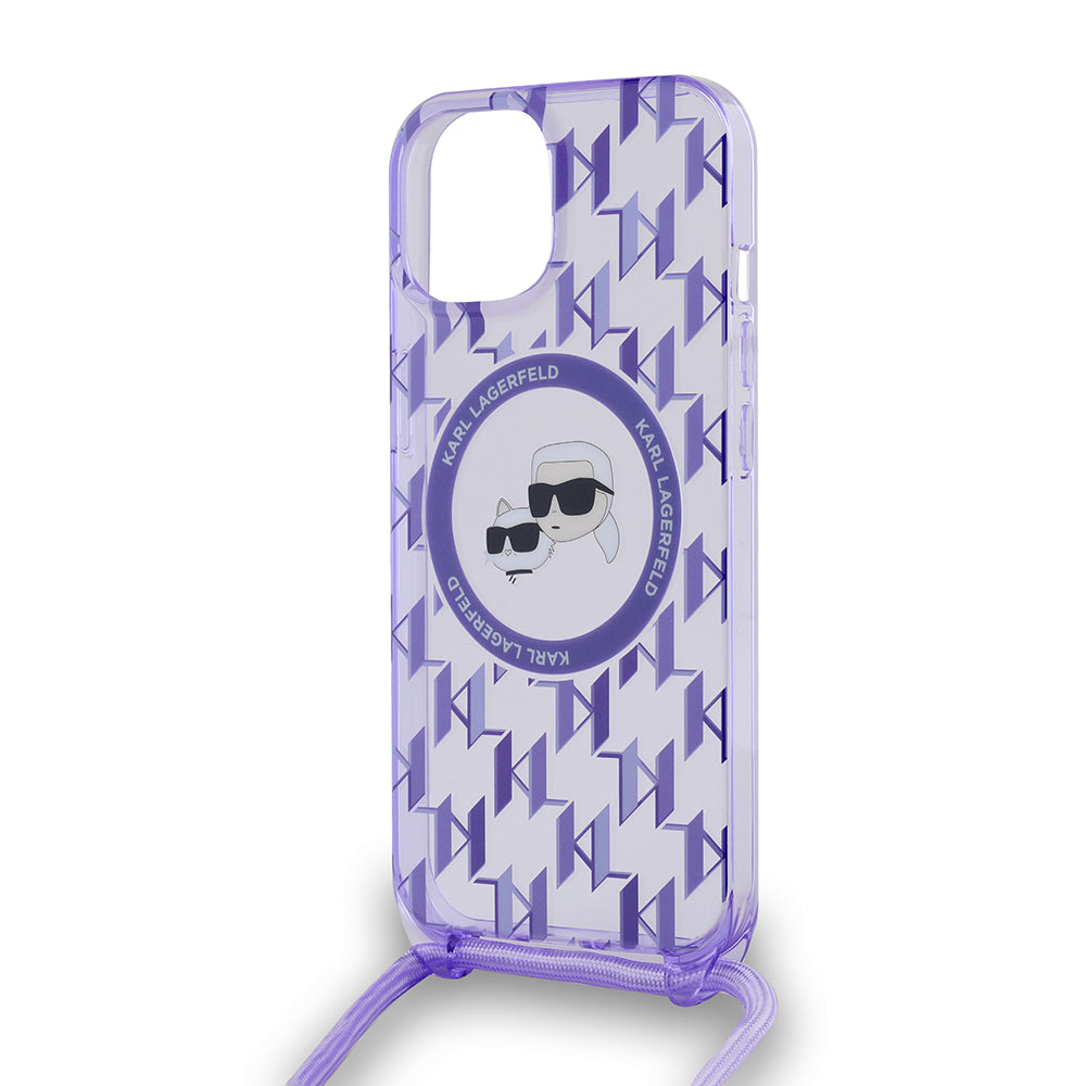Puzdro MagSafe pre Apple iPhone 15, Karl Lagerfeld, IML Crossbody Monogram Karl & Choupette's Heads, Fialová
