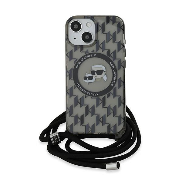Puzdro MagSafe pre Apple iPhone 15, Karl Lagerfeld, IML Crossbody Monogram Karl & Choupette's Heads, Čierne