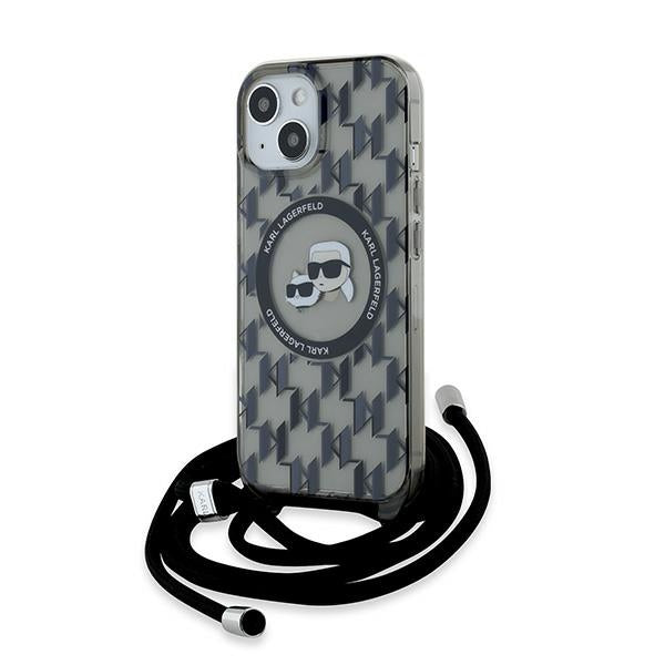 Puzdro MagSafe pre Apple iPhone 15, Karl Lagerfeld, IML Crossbody Monogram Karl & Choupette's Heads, Čierne