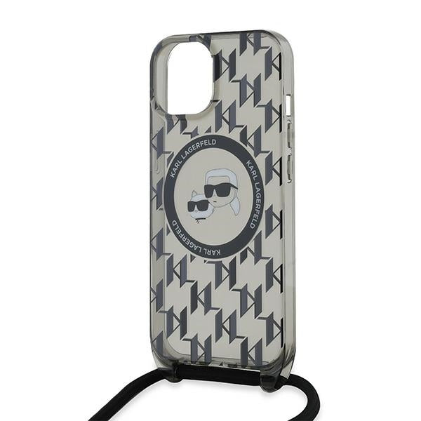 Puzdro MagSafe pre Apple iPhone 15, Karl Lagerfeld, IML Crossbody Monogram Karl & Choupette's Heads, Čierne