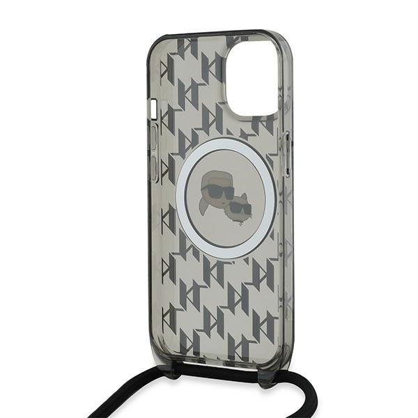 Puzdro MagSafe pre Apple iPhone 15, Karl Lagerfeld, IML Crossbody Monogram Karl & Choupette's Heads, Čierne