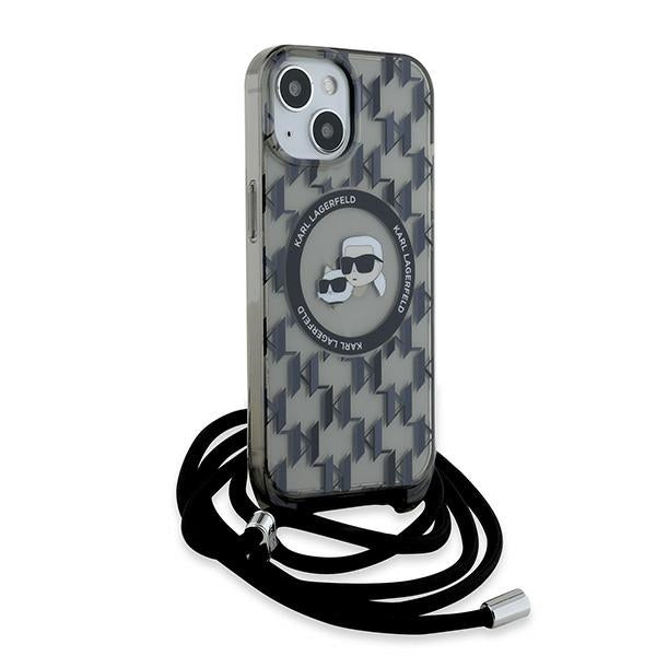 Puzdro MagSafe pre Apple iPhone 15, Karl Lagerfeld, IML Crossbody Monogram Karl & Choupette's Heads, Čierne