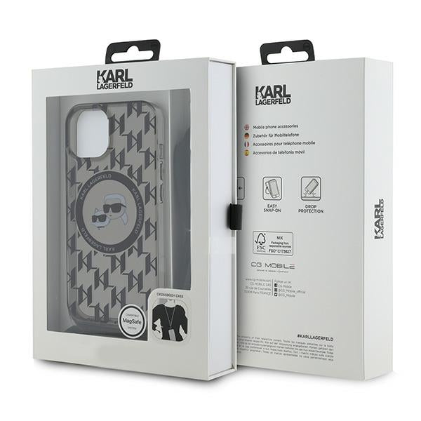 Puzdro MagSafe pre Apple iPhone 15, Karl Lagerfeld, IML Crossbody Monogram Karl & Choupette's Heads, Čierne