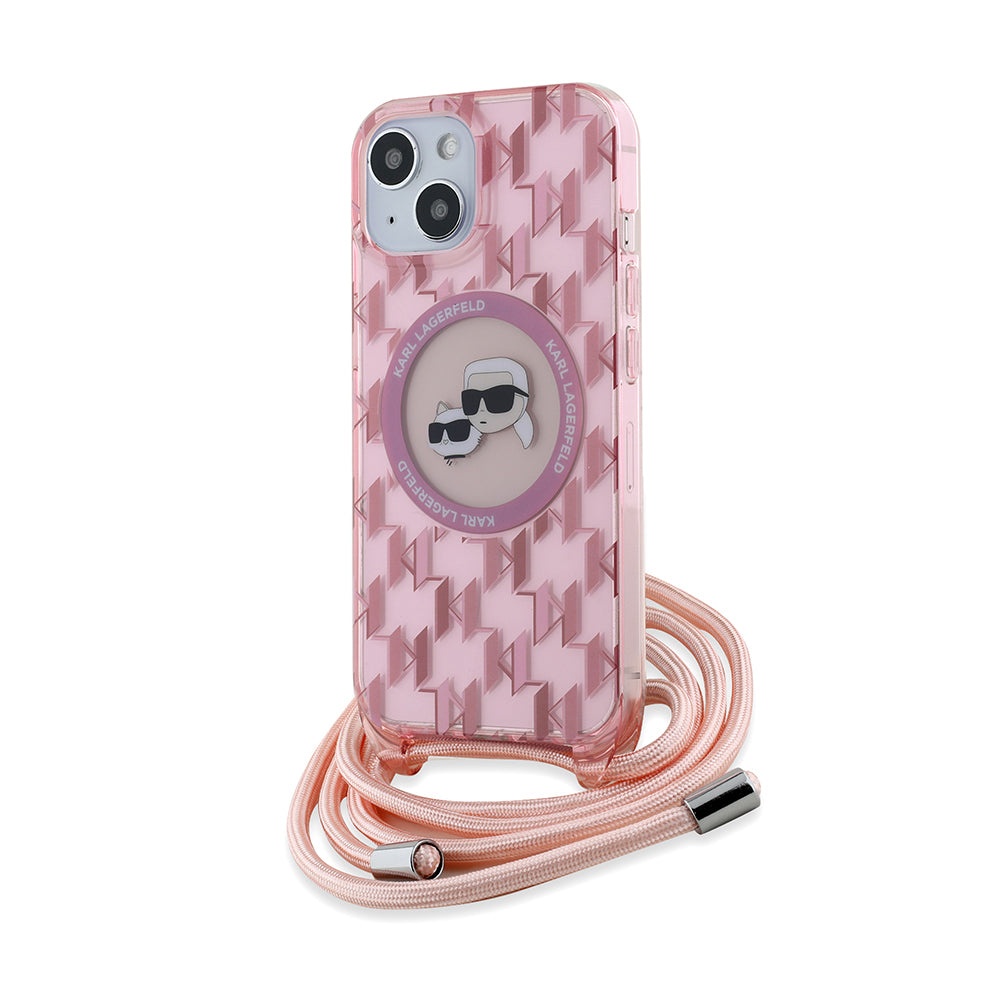 Puzdro MagSafe pre Apple iPhone 15, Karl Lagerfeld, IML Crossbody Monogram Karl & Choupette's Heads, Ružová