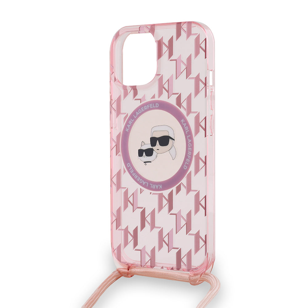 Puzdro MagSafe pre Apple iPhone 15, Karl Lagerfeld, IML Crossbody Monogram Karl & Choupette's Heads, Ružová