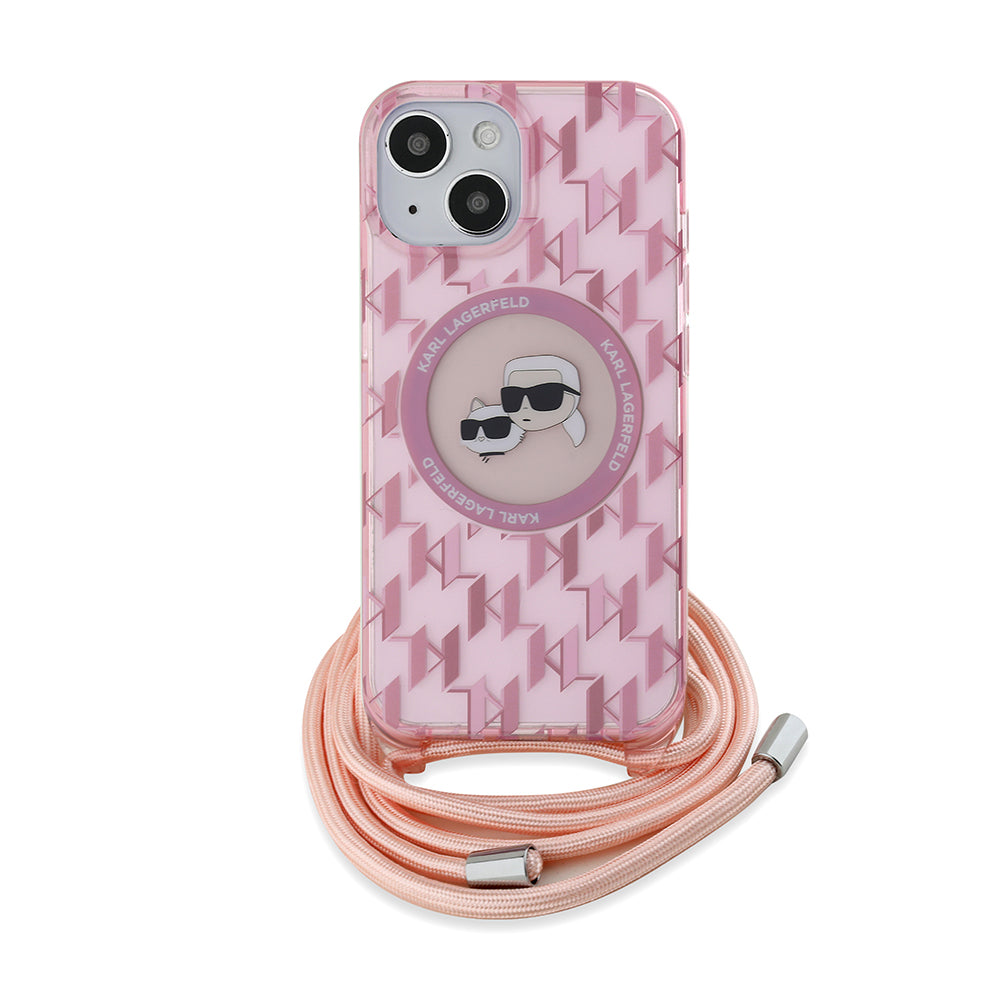 Puzdro MagSafe pre Apple iPhone 15, Karl Lagerfeld, IML Crossbody Monogram Karl & Choupette's Heads, Ružová