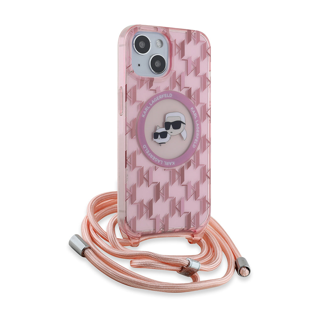 Puzdro MagSafe pre Apple iPhone 15, Karl Lagerfeld, IML Crossbody Monogram Karl & Choupette's Heads, Ružová