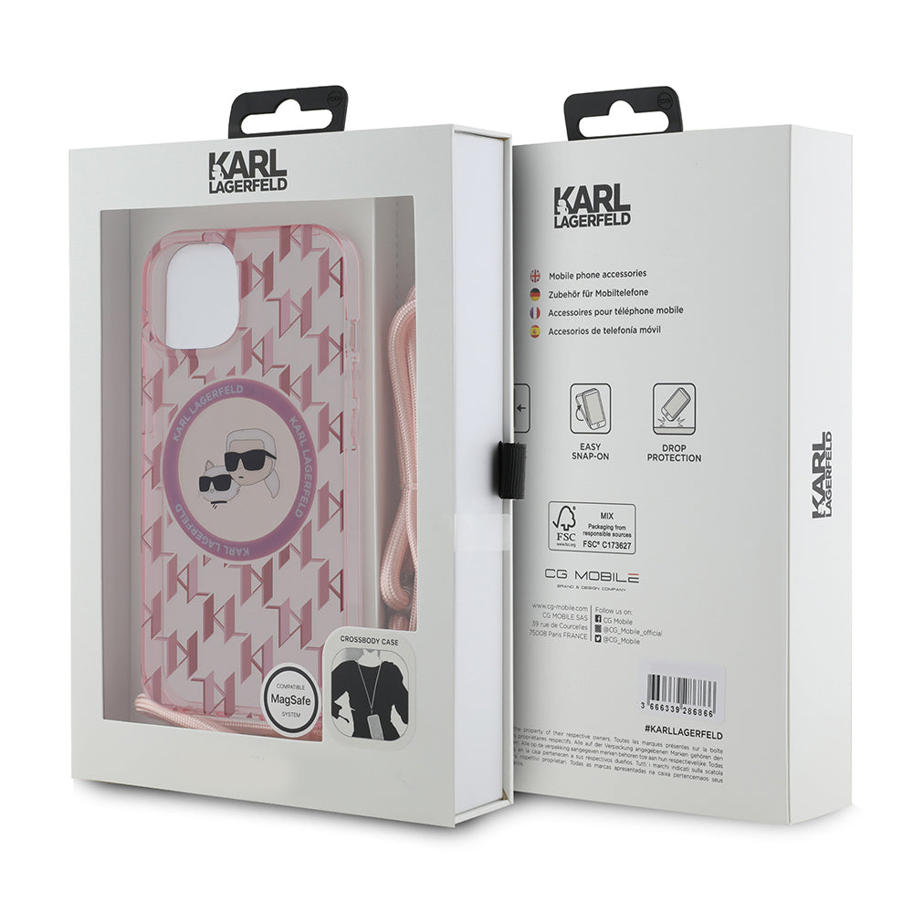 Puzdro MagSafe pre Apple iPhone 15, Karl Lagerfeld, IML Crossbody Monogram Karl & Choupette's Heads, Ružová