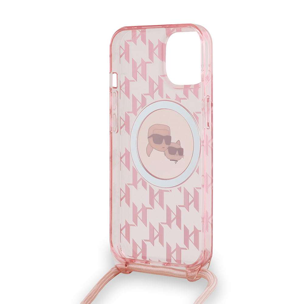 Puzdro MagSafe pre Apple iPhone 15, Karl Lagerfeld, IML Crossbody Monogram Karl & Choupette's Heads, Ružová