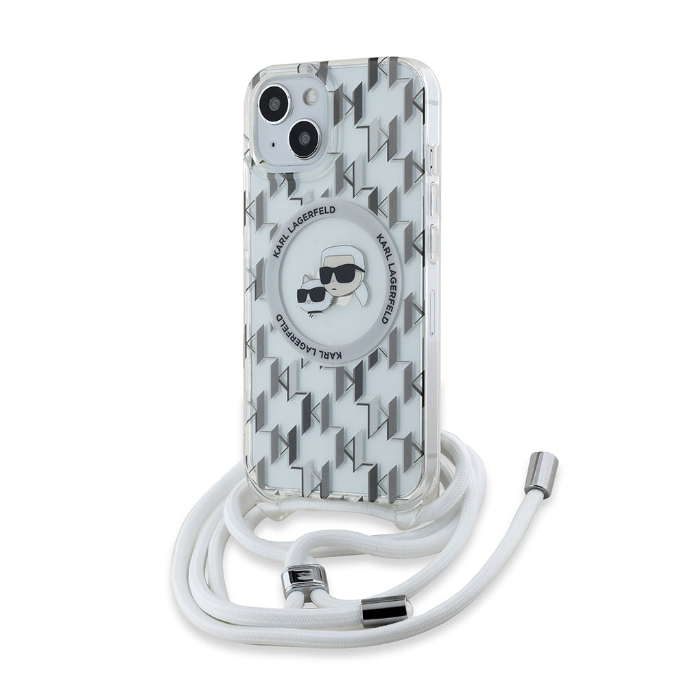 Puzdro MagSafe pre Apple iPhone 15, Karl Lagerfeld, IML Crossbody Monogram Karl & Choupette's Heads, Transparentné