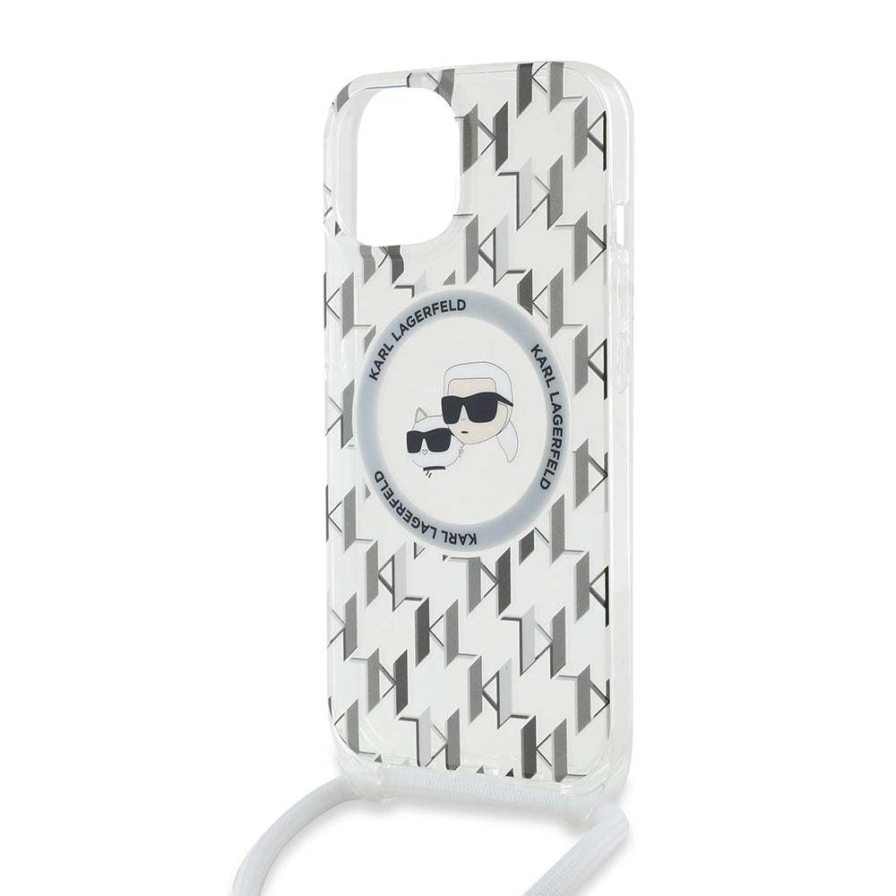 Puzdro MagSafe pre Apple iPhone 15, Karl Lagerfeld, IML Crossbody Monogram Karl & Choupette's Heads, Transparentné