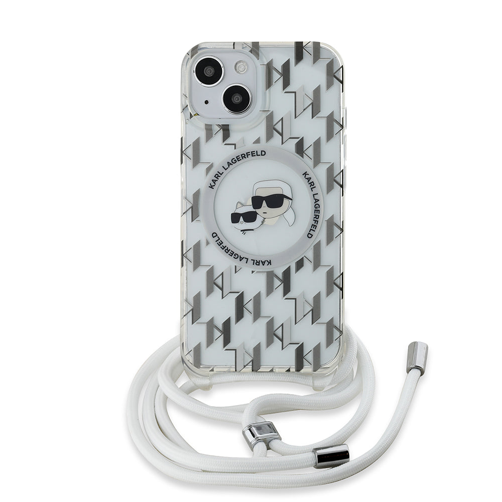 Puzdro MagSafe pre Apple iPhone 15, Karl Lagerfeld, IML Crossbody Monogram Karl & Choupette's Heads, Transparentné