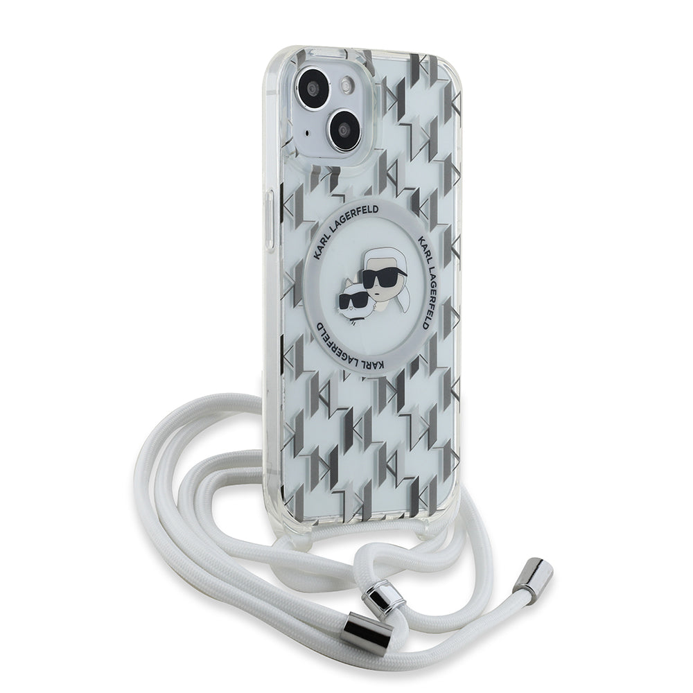 Puzdro MagSafe pre Apple iPhone 15, Karl Lagerfeld, IML Crossbody Monogram Karl & Choupette's Heads, Transparentné