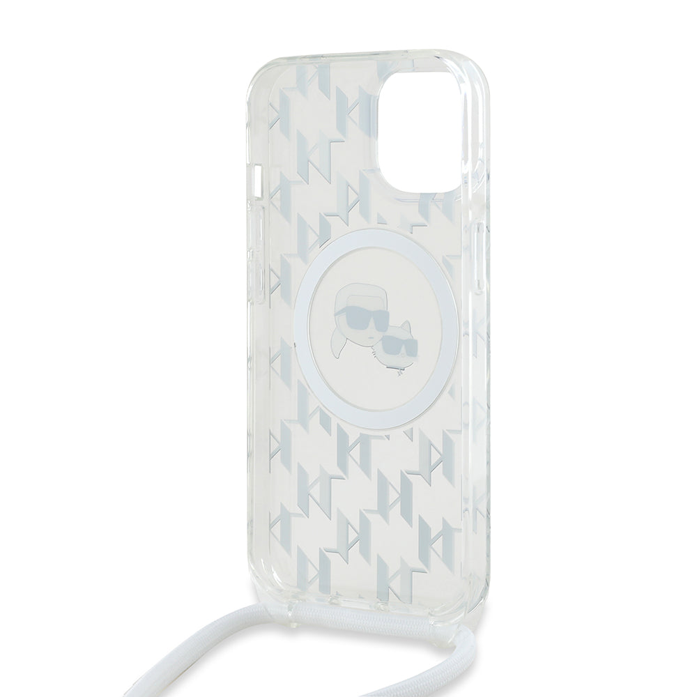 Puzdro MagSafe pre Apple iPhone 15, Karl Lagerfeld, IML Crossbody Monogram Karl & Choupette's Heads, Transparentné