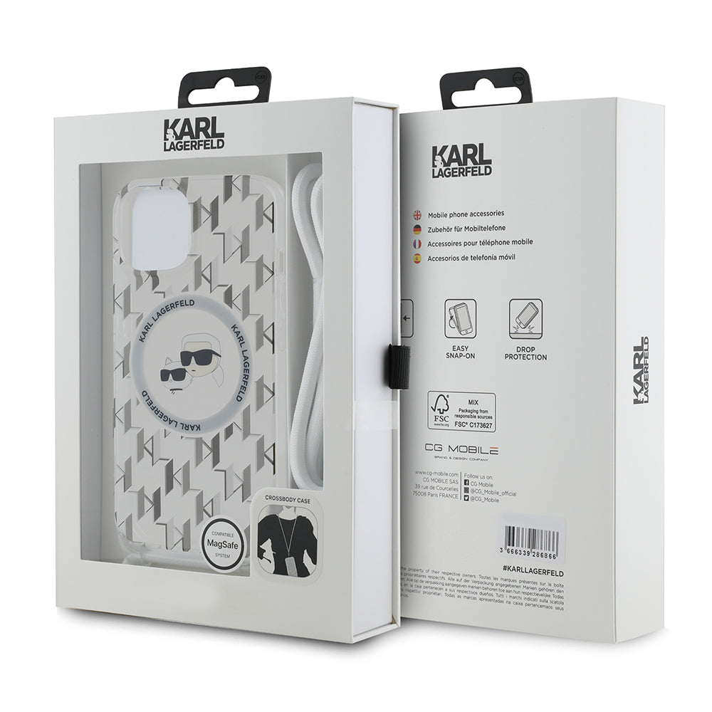 Puzdro MagSafe pre Apple iPhone 15, Karl Lagerfeld, IML Crossbody Monogram Karl & Choupette's Heads, Transparentné