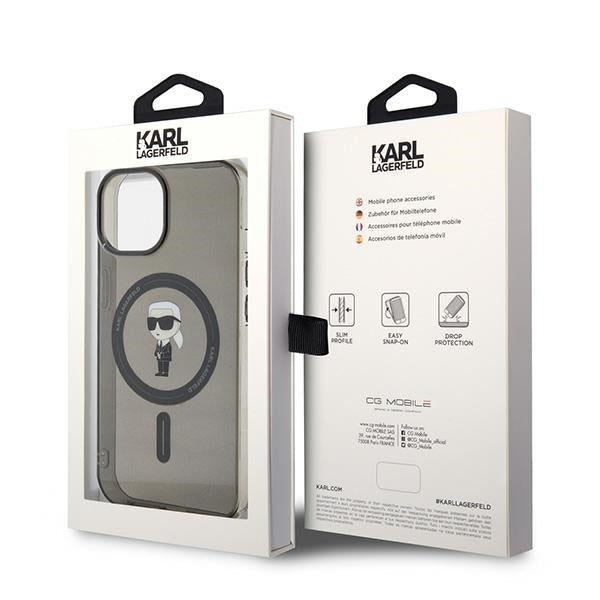 Puzdro MagSafe pre Apple iPhone 15, Karl Lagerfeld, IML Ikonik Karl, Čierne