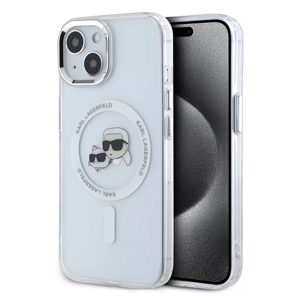Puzdro MagSafe pre Apple iPhone 15, Karl Lagerfeld, IML Metal Karl & Choupette's Heads, Biela