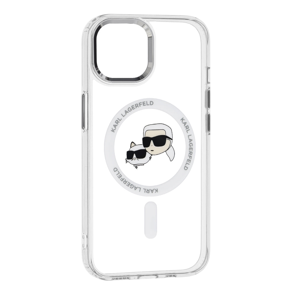 Puzdro MagSafe pre Apple iPhone 15, Karl Lagerfeld, IML Metal Karl & Choupette's Heads, Biela