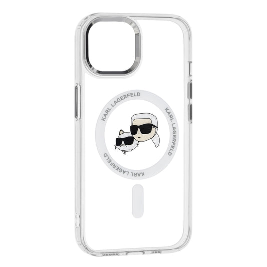 Puzdro MagSafe pre Apple iPhone 15, Karl Lagerfeld, IML Metal Karl & Choupette's Heads, Biela