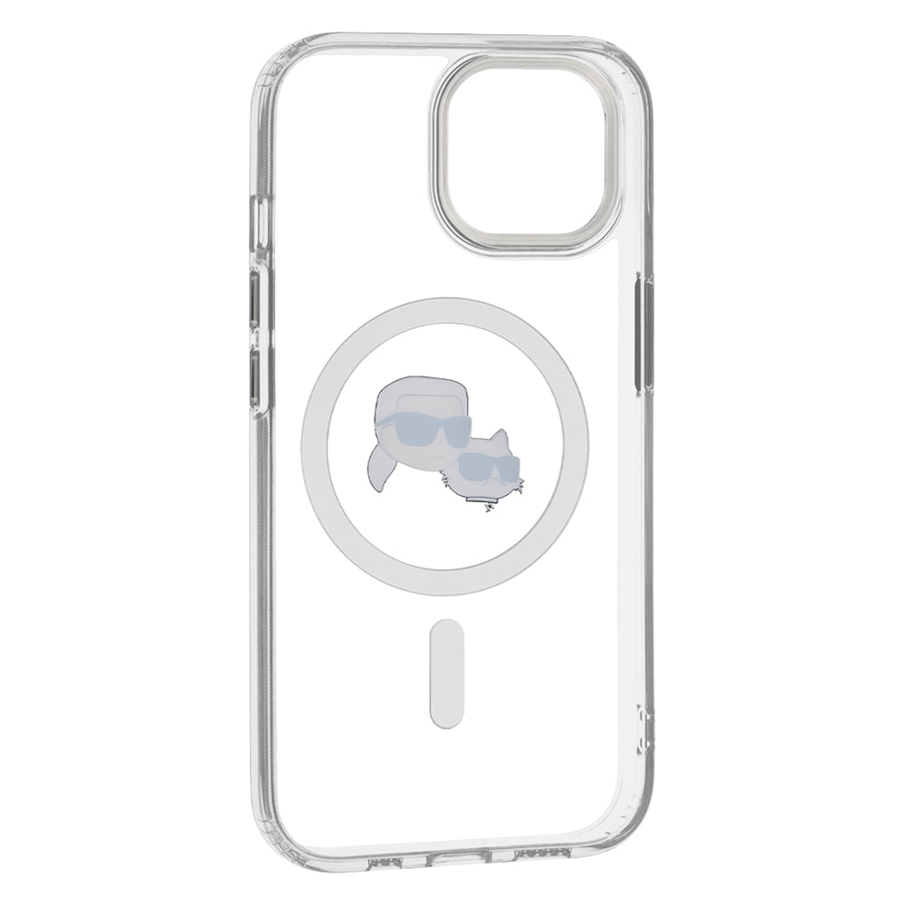 Puzdro MagSafe pre Apple iPhone 15, Karl Lagerfeld, IML Metal Karl & Choupette's Heads, Biela