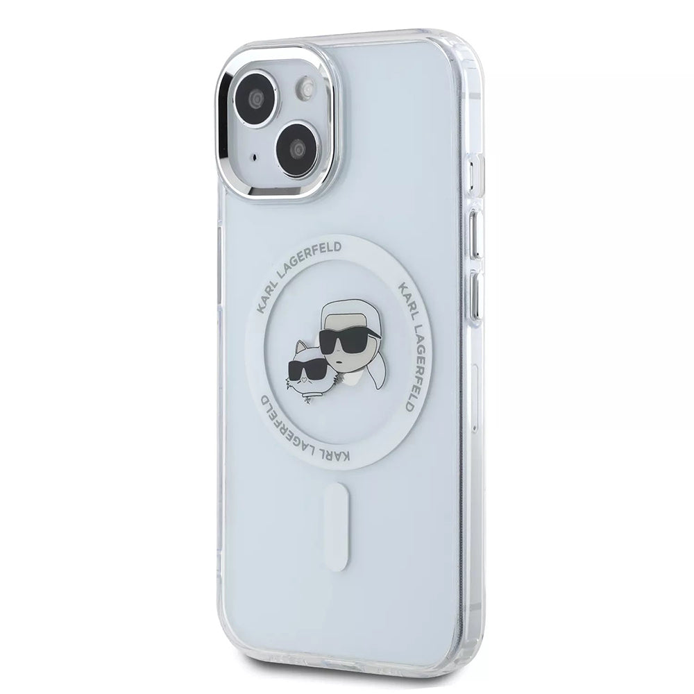 Puzdro MagSafe pre Apple iPhone 15, Karl Lagerfeld, IML Metal Karl & Choupette's Heads, Biela