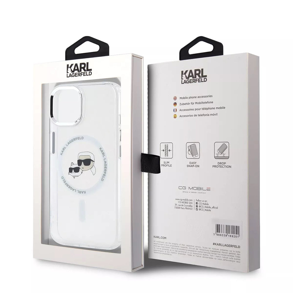 Puzdro MagSafe pre Apple iPhone 15, Karl Lagerfeld, IML Metal Karl & Choupette's Heads, Biela