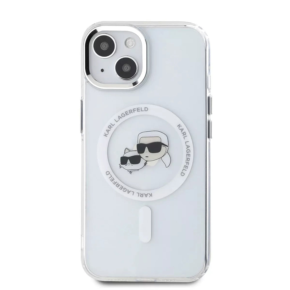 Puzdro MagSafe pre Apple iPhone 15, Karl Lagerfeld, IML Metal Karl & Choupette's Heads, Biela