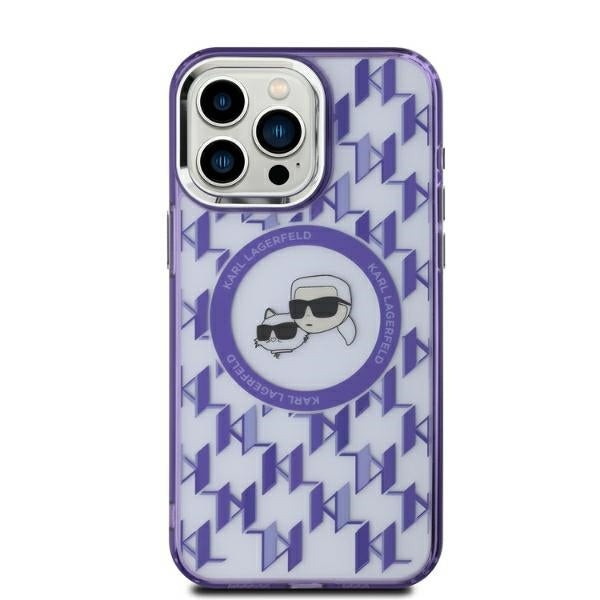 Puzdro MagSafe pre Apple iPhone 15, Karl Lagerfeld, IML Monogram Karl & Choupette's Heads, Fialová
