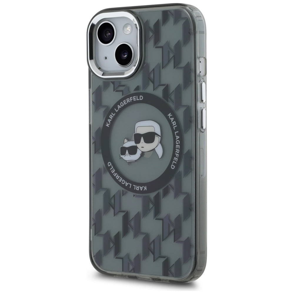 Puzdro MagSafe pre Apple iPhone 15, Karl Lagerfeld, IML Monogram Karl & Choupette's Heads, Čierne