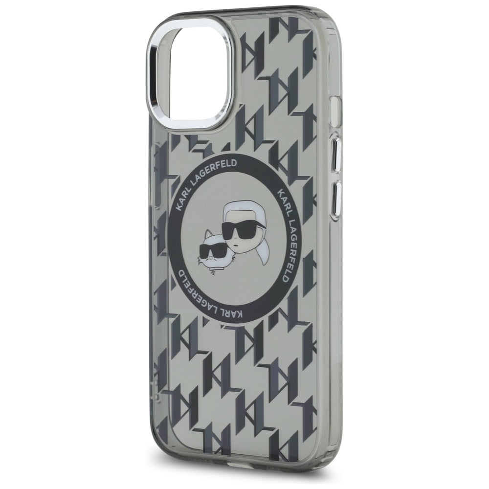 Puzdro MagSafe pre Apple iPhone 15, Karl Lagerfeld, IML Monogram Karl & Choupette's Heads, Čierne