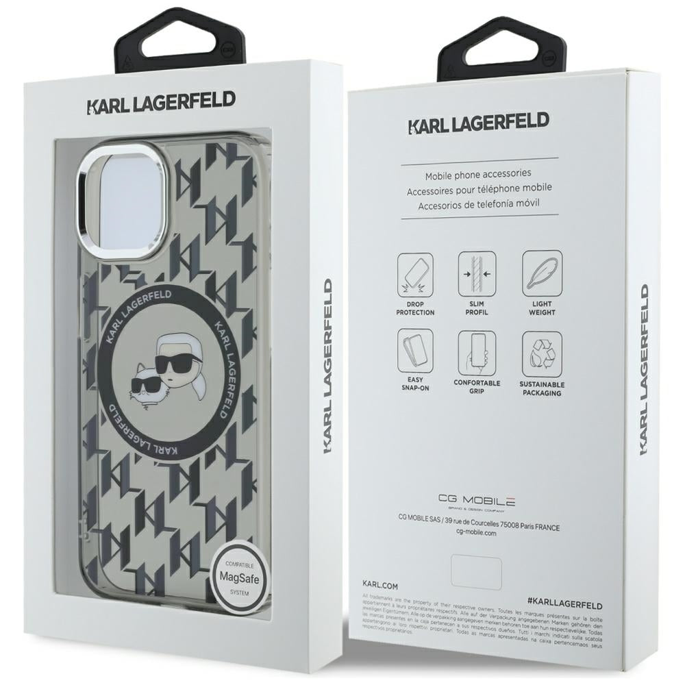Puzdro MagSafe pre Apple iPhone 15, Karl Lagerfeld, IML Monogram Karl & Choupette's Heads, Čierne
